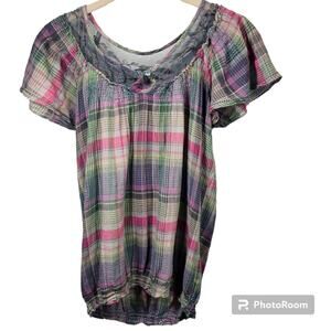 Zara TRF Plaid Smocked Short Sleeve Blouse Teen Size S